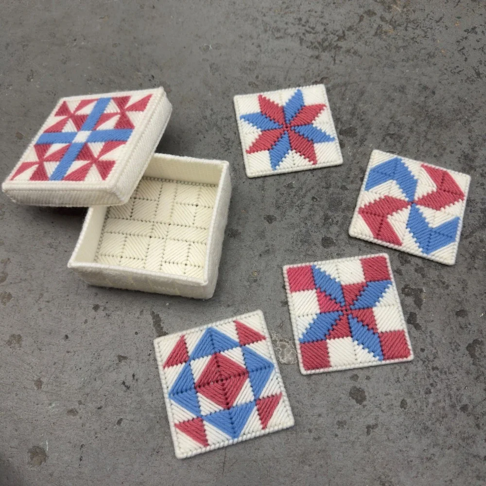 Vintage Handmade Plastic Canvas Coaster Set Quilt Pattern Red White Blue 5pc